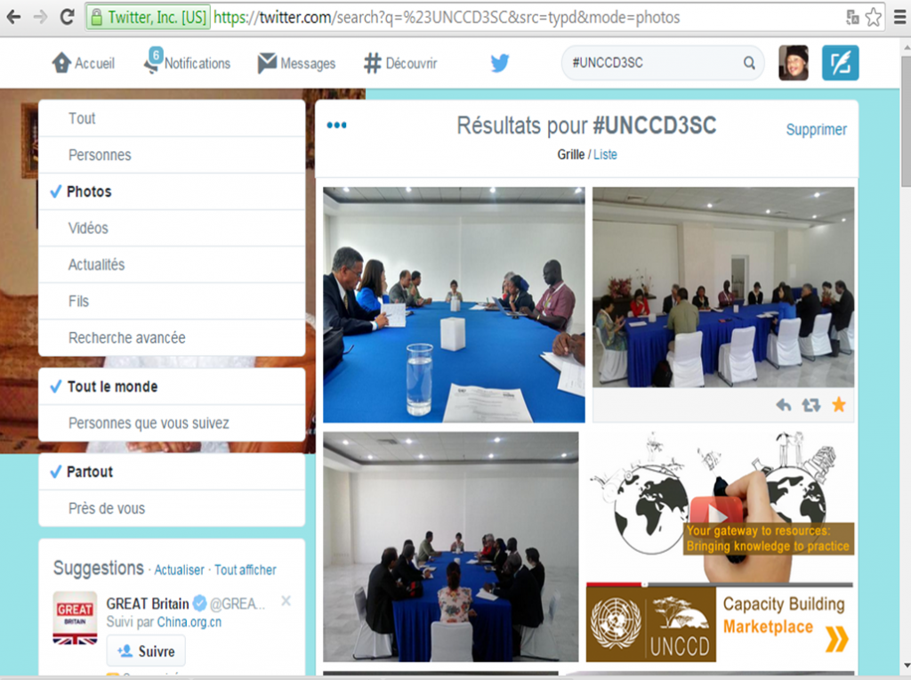 Page Twitter avec hasgtag #UNCCD3SC